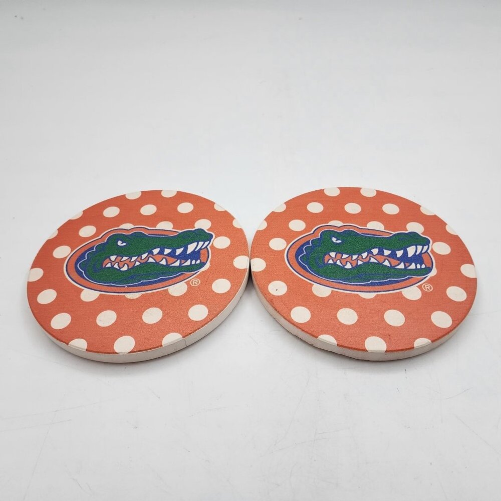 NCAA UF Florida Gators Polka Dot Drink Coasters Stoneware Set of 2 Orange 4.25"